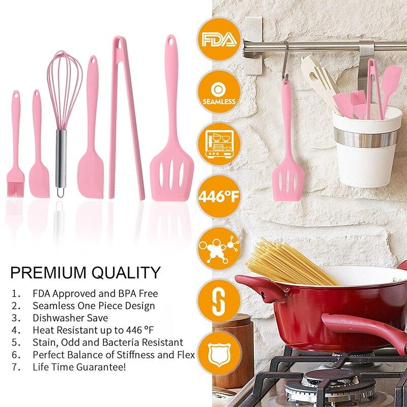 Silicone Cookware Set  Pink 6 Pieces Egg Beater Spoon Clip Spatula Oil Brush Kitchen Tools